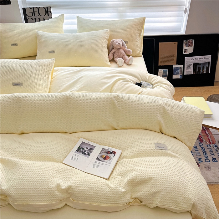 91家纺网 家纺一手货源 找家纺 琪格格纺织 2026新款纯棉色织肌理纹提花华夫格纯棉轻奢简约款四件套 华夫格-奶昔黄