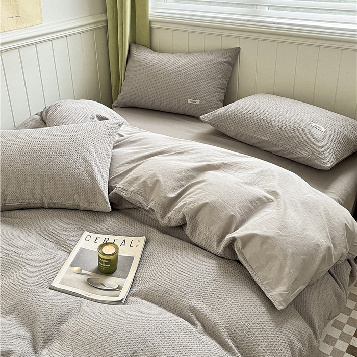 91家纺网 家纺一手货源 找家纺 琪格格纺织 2026新款纯棉色织肌理纹提花华夫格纯棉轻奢简约款四件套 华夫格-月光灰