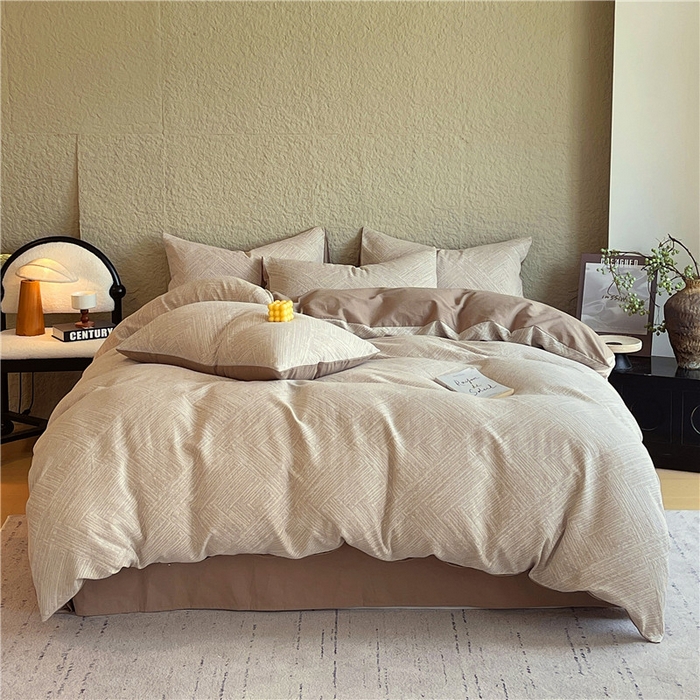 91家纺网 家纺一手货源 找家纺 琪格格纺织 2026新款纯棉色织肌理纹提花华夫格纯棉轻奢简约款四件套 简奢-可可棕