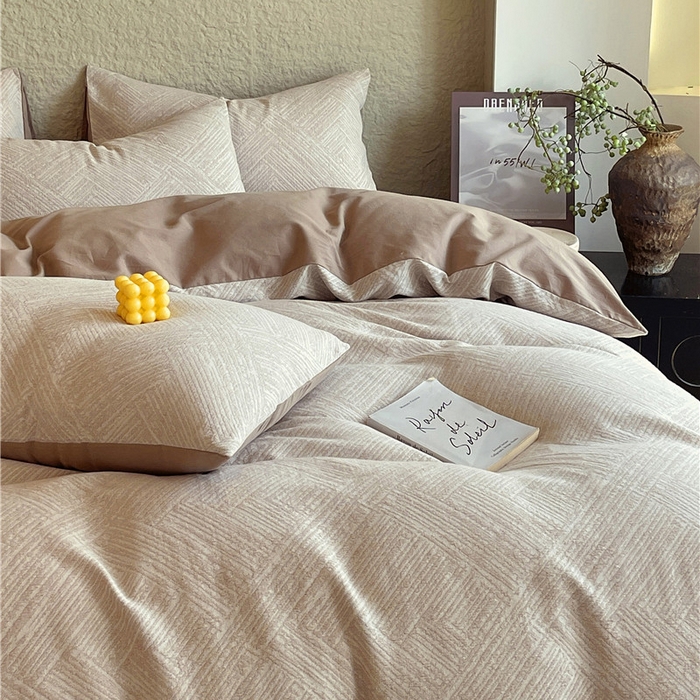 91家纺网 家纺一手货源 找家纺 琪格格纺织 2026新款纯棉色织肌理纹提花华夫格纯棉轻奢简约款四件套 简奢-可可棕