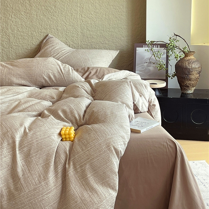 91家纺网 家纺一手货源 找家纺 琪格格纺织 2026新款纯棉色织肌理纹提花华夫格纯棉轻奢简约款四件套 简奢-可可棕