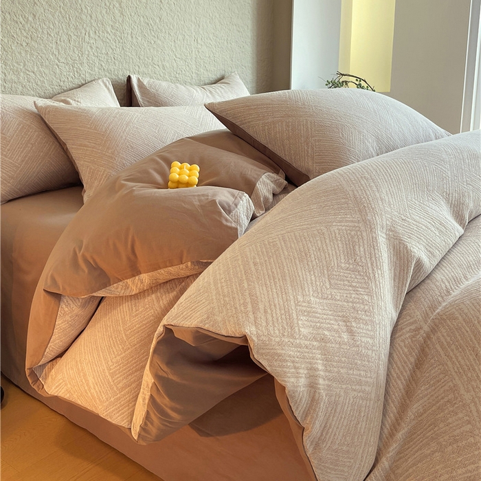 91家纺网 家纺一手货源 找家纺 琪格格纺织 2026新款纯棉色织肌理纹提花华夫格纯棉轻奢简约款四件套 简奢-可可棕