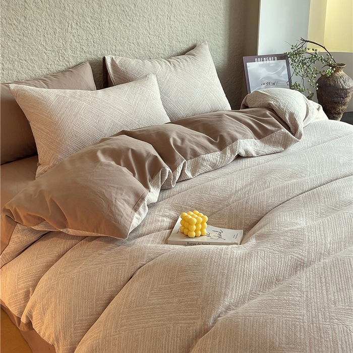 91家纺网 家纺一手货源 找家纺 琪格格纺织 2026新款纯棉色织肌理纹提花华夫格纯棉轻奢简约款四件套 简奢-可可棕