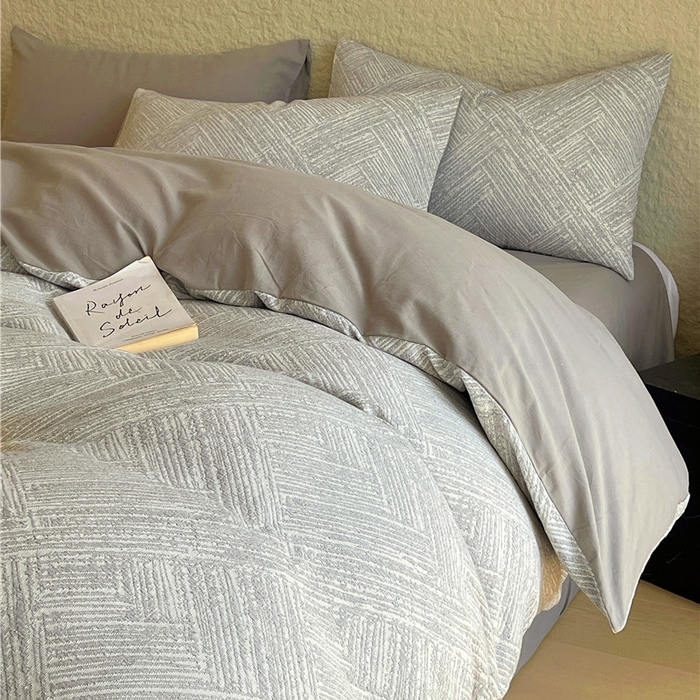 琪格格纺织 2026新款纯棉色织肌理纹提花华夫格纯棉轻奢简约款四件套 简奢-浅灰