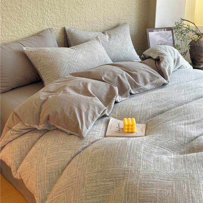 91家纺网 家纺一手货源 找家纺 琪格格纺织 2026新款纯棉色织肌理纹提花华夫格纯棉轻奢简约款四件套 简奢-浅灰