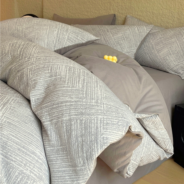 91家纺网 家纺一手货源 找家纺 琪格格纺织 2026新款纯棉色织肌理纹提花华夫格纯棉轻奢简约款四件套 简奢-浅灰