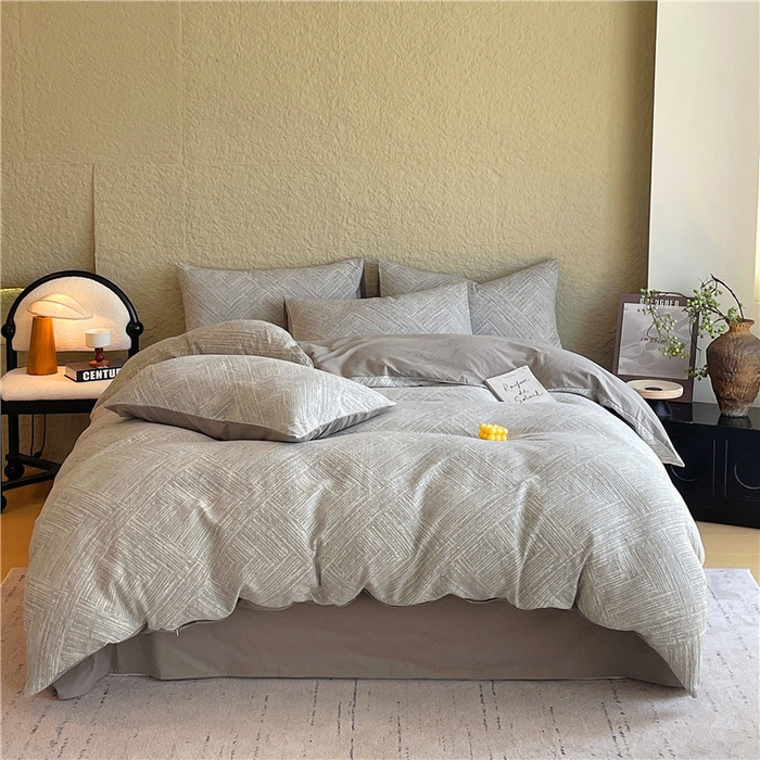 91家纺网 家纺一手货源 找家纺 琪格格纺织 2026新款纯棉色织肌理纹提花华夫格纯棉轻奢简约款四件套 简奢-浅灰