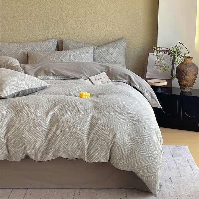 91家纺网 家纺一手货源 找家纺 琪格格纺织 2026新款纯棉色织肌理纹提花华夫格纯棉轻奢简约款四件套 简奢-浅灰