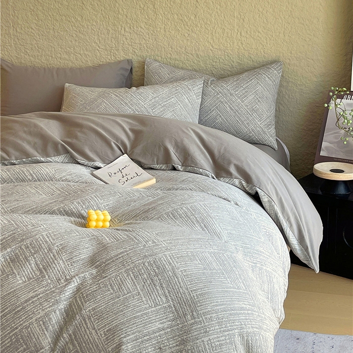 91家纺网 家纺一手货源 找家纺 琪格格纺织 2026新款纯棉色织肌理纹提花华夫格纯棉轻奢简约款四件套 简奢-浅灰