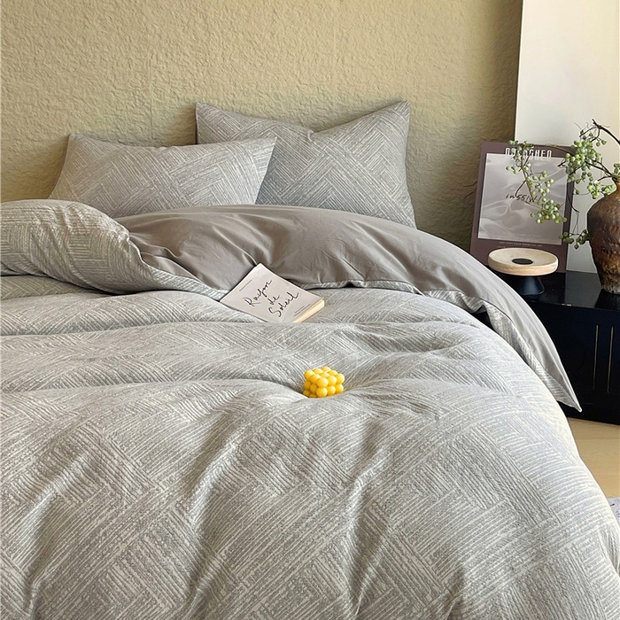 91家纺网 家纺一手货源 找家纺 琪格格纺织 2026新款纯棉色织肌理纹提花华夫格纯棉轻奢简约款四件套 简奢-浅灰