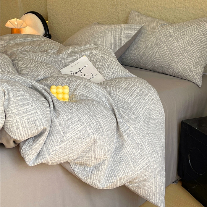 91家纺网 家纺一手货源 找家纺 琪格格纺织 2026新款纯棉色织肌理纹提花华夫格纯棉轻奢简约款四件套 简奢-浅灰