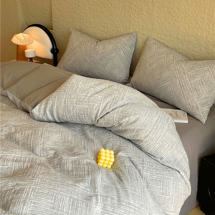 91家纺网 家纺一手货源 找家纺 琪格格纺织 2026新款纯棉色织肌理纹提花华夫格纯棉轻奢简约款四件套 简奢-浅灰