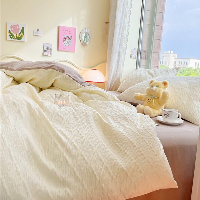 91家纺网 家纺一手货源 找家纺 琪格格纺织 2026新款纯棉色织肌理纹提花华夫格纯棉轻奢简约款四件套 泡泡纱米白奶咖