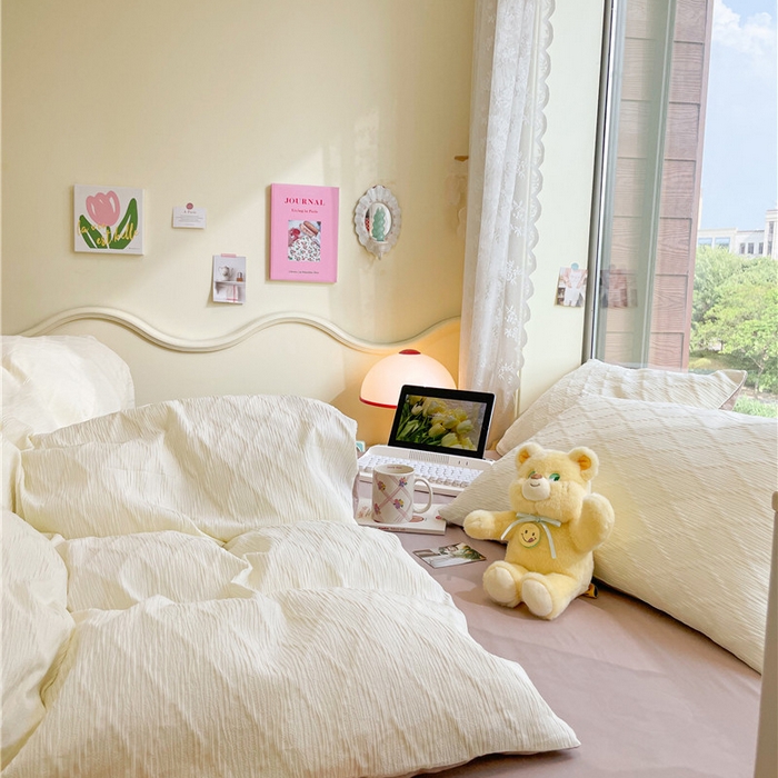 91家纺网 家纺一手货源 找家纺 琪格格纺织 2026新款纯棉色织肌理纹提花华夫格纯棉轻奢简约款四件套 泡泡纱米白奶咖