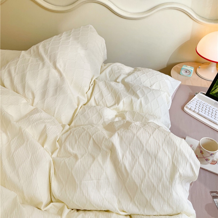 91家纺网 家纺一手货源 找家纺 琪格格纺织 2026新款纯棉色织肌理纹提花华夫格纯棉轻奢简约款四件套 泡泡纱米白奶咖