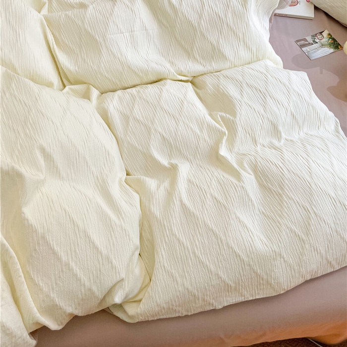 91家纺网 家纺一手货源 找家纺 琪格格纺织 2026新款纯棉色织肌理纹提花华夫格纯棉轻奢简约款四件套 泡泡纱米白奶咖