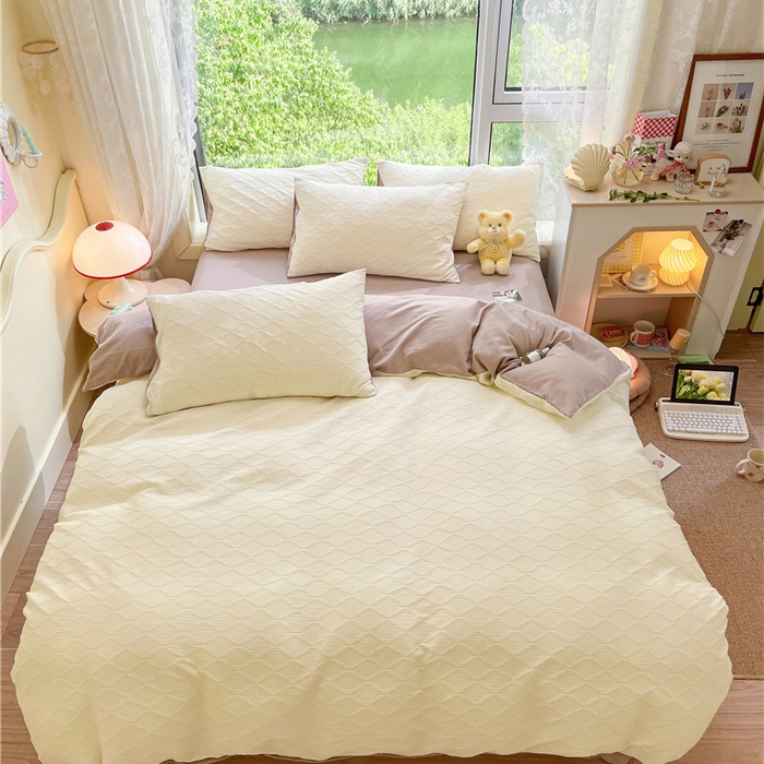 91家纺网 家纺一手货源 找家纺 琪格格纺织 2026新款纯棉色织肌理纹提花华夫格纯棉轻奢简约款四件套 泡泡纱米白奶咖