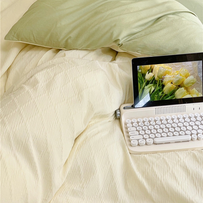 91家纺网 家纺一手货源 找家纺 琪格格纺织 2026新款纯棉色织肌理纹提花华夫格纯棉轻奢简约款四件套 泡泡纱米白奶绿