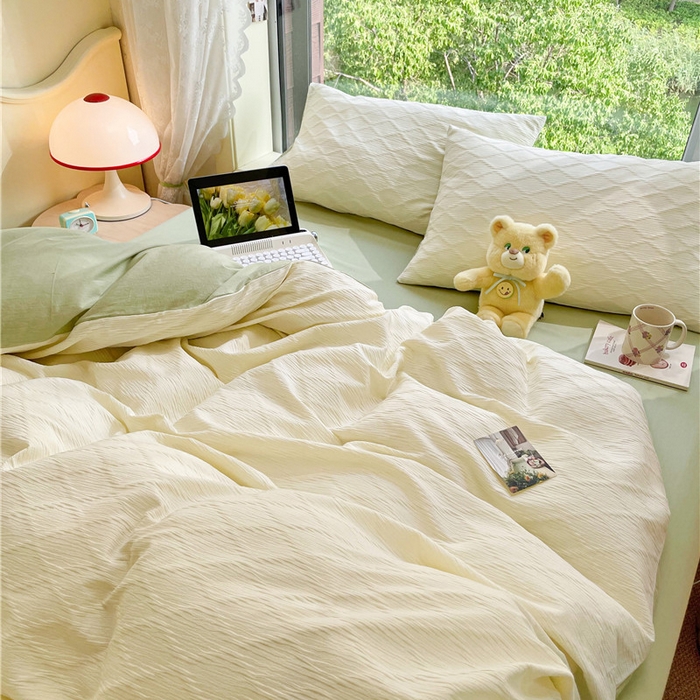 91家纺网 家纺一手货源 找家纺 琪格格纺织 2026新款纯棉色织肌理纹提花华夫格纯棉轻奢简约款四件套 泡泡纱米白奶绿