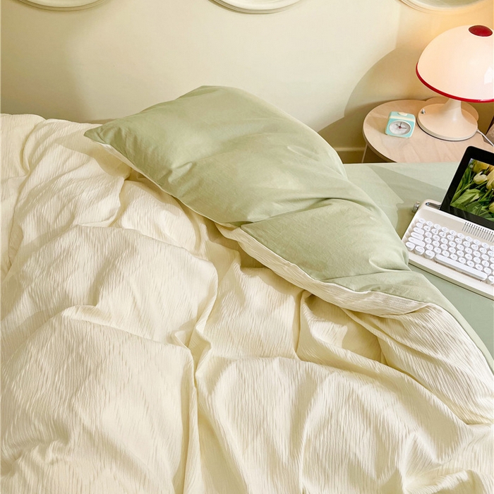 91家纺网 家纺一手货源 找家纺 琪格格纺织 2026新款纯棉色织肌理纹提花华夫格纯棉轻奢简约款四件套 泡泡纱米白奶绿