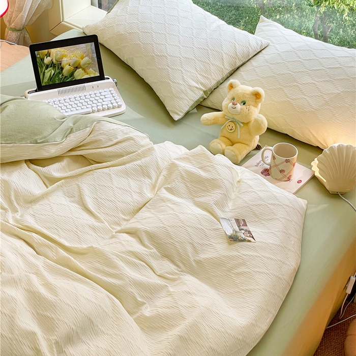 91家纺网 家纺一手货源 找家纺 琪格格纺织 2026新款纯棉色织肌理纹提花华夫格纯棉轻奢简约款四件套 泡泡纱米白奶绿