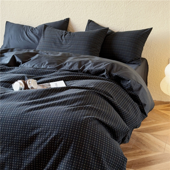 91家纺网 家纺一手货源 找家纺 琪格格纺织 2026新款纯棉色织肌理纹提花华夫格纯棉轻奢简约款四件套 时光里-高级蓝黑