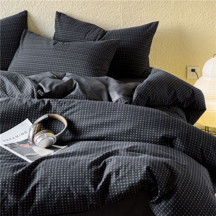 91家纺网 家纺一手货源 找家纺 琪格格纺织 2026新款纯棉色织肌理纹提花华夫格纯棉轻奢简约款四件套 时光里-高级蓝黑