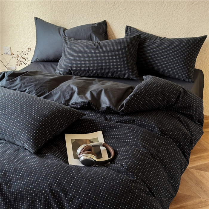 91家纺网 家纺一手货源 找家纺 琪格格纺织 2026新款纯棉色织肌理纹提花华夫格纯棉轻奢简约款四件套 时光里-高级蓝黑