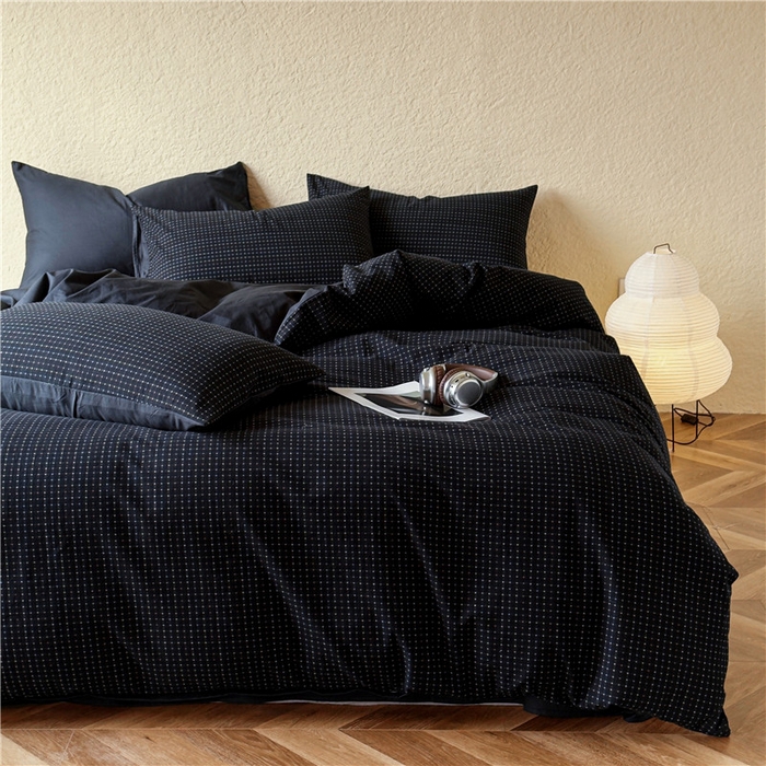 91家纺网 家纺一手货源 找家纺 琪格格纺织 2026新款纯棉色织肌理纹提花华夫格纯棉轻奢简约款四件套 时光里-高级蓝黑