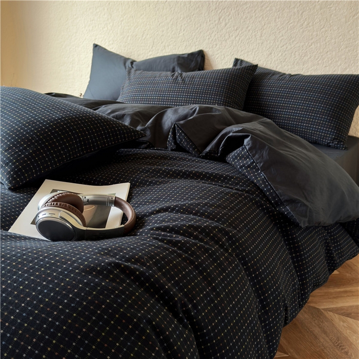 91家纺网 家纺一手货源 找家纺 琪格格纺织 2026新款纯棉色织肌理纹提花华夫格纯棉轻奢简约款四件套 时光里-高级蓝黑