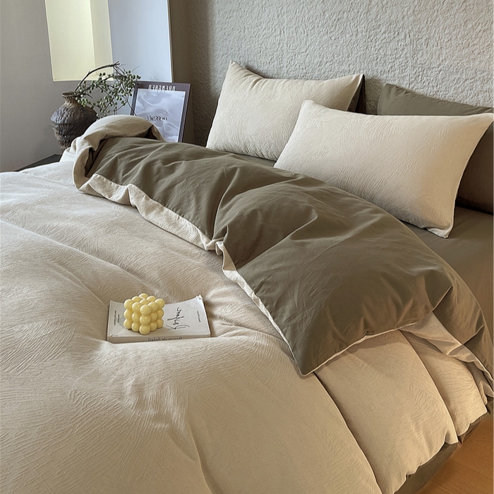 琪格格纺织 2026新款纯棉色织肌理纹提花华夫格纯棉轻奢简约款四件套 星岛-可可棕