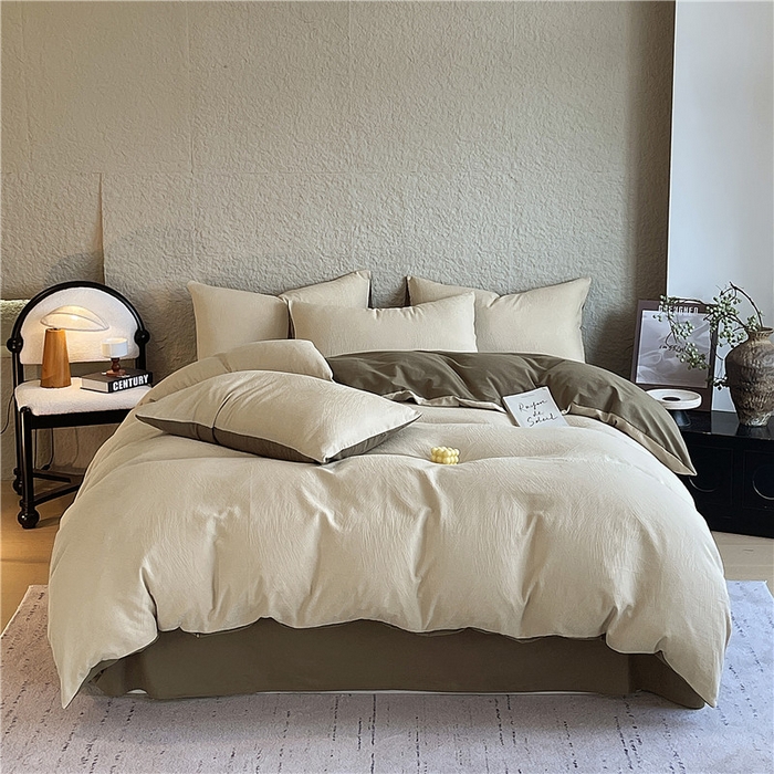 91家纺网 家纺一手货源 找家纺 琪格格纺织 2026新款纯棉色织肌理纹提花华夫格纯棉轻奢简约款四件套 星岛-可可棕