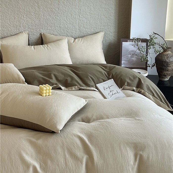 91家纺网 家纺一手货源 找家纺 琪格格纺织 2026新款纯棉色织肌理纹提花华夫格纯棉轻奢简约款四件套 星岛-可可棕