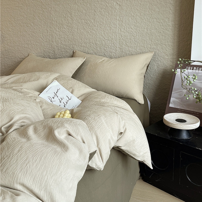 91家纺网 家纺一手货源 找家纺 琪格格纺织 2026新款纯棉色织肌理纹提花华夫格纯棉轻奢简约款四件套 星岛-可可棕