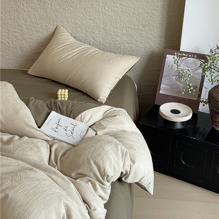 91家纺网 家纺一手货源 找家纺 琪格格纺织 2026新款纯棉色织肌理纹提花华夫格纯棉轻奢简约款四件套 星岛-可可棕