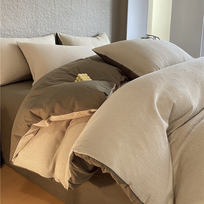 91家纺网 家纺一手货源 找家纺 琪格格纺织 2026新款纯棉色织肌理纹提花华夫格纯棉轻奢简约款四件套 星岛-可可棕