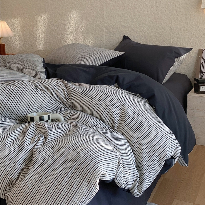 91家纺网 家纺一手货源 找家纺 琪格格纺织 2026新款纯棉色织肌理纹提花华夫格纯棉轻奢简约款四件套 A速写 提花黑条