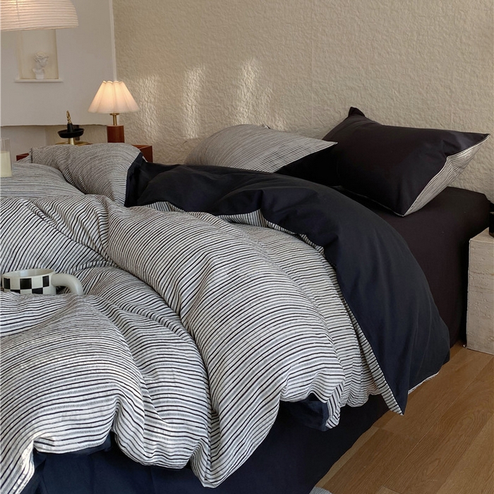 91家纺网 家纺一手货源 找家纺 琪格格纺织 2026新款纯棉色织肌理纹提花华夫格纯棉轻奢简约款四件套 A速写 提花黑条