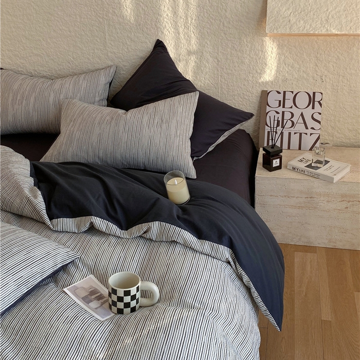 91家纺网 家纺一手货源 找家纺 琪格格纺织 2026新款纯棉色织肌理纹提花华夫格纯棉轻奢简约款四件套 A速写 提花黑条