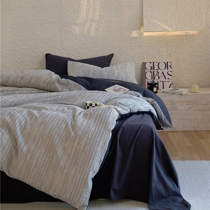 91家纺网 家纺一手货源 找家纺 琪格格纺织 2026新款纯棉色织肌理纹提花华夫格纯棉轻奢简约款四件套 A速写 提花黑条