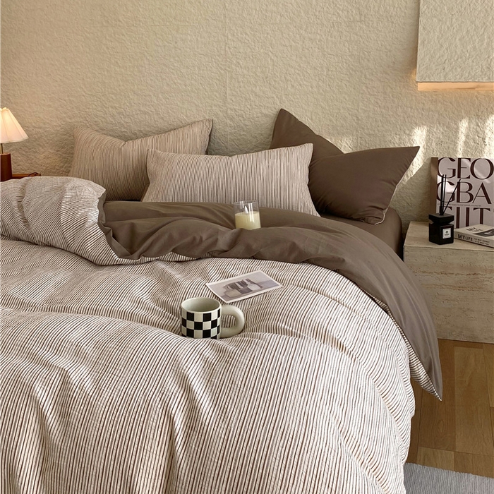 91家纺网 家纺一手货源 找家纺 琪格格纺织 2026新款纯棉色织肌理纹提花华夫格纯棉轻奢简约款四件套 A速写 提花棕条