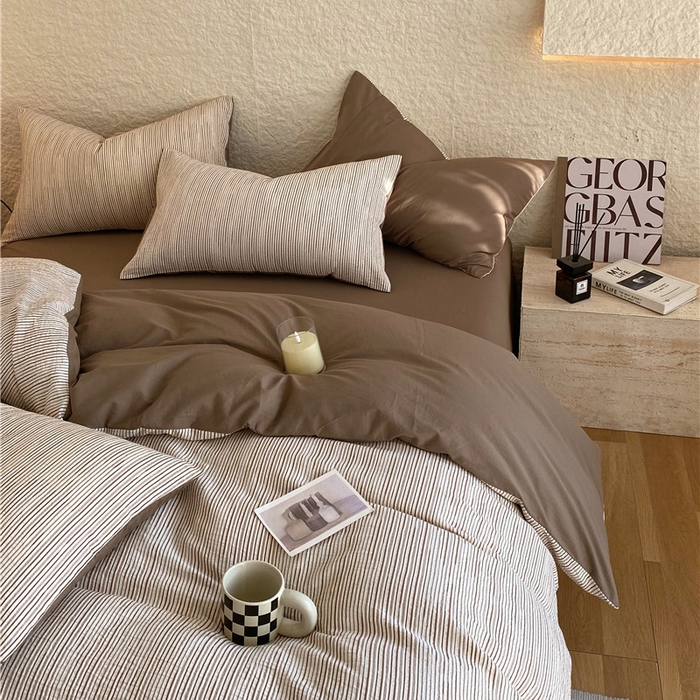 91家纺网 家纺一手货源 找家纺 琪格格纺织 2026新款纯棉色织肌理纹提花华夫格纯棉轻奢简约款四件套 A速写 提花棕条