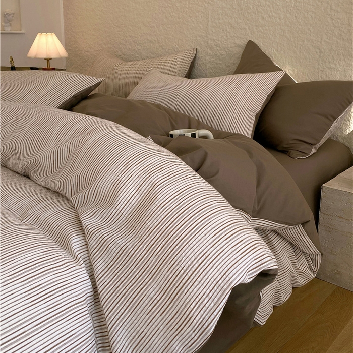 91家纺网 家纺一手货源 找家纺 琪格格纺织 2026新款纯棉色织肌理纹提花华夫格纯棉轻奢简约款四件套 A速写 提花棕条