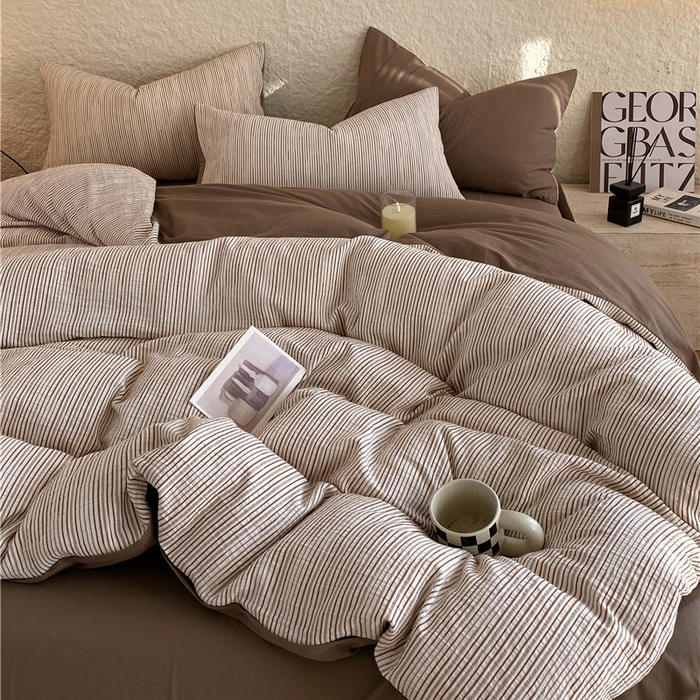 91家纺网 家纺一手货源 找家纺 琪格格纺织 2026新款纯棉色织肌理纹提花华夫格纯棉轻奢简约款四件套 A速写 提花棕条