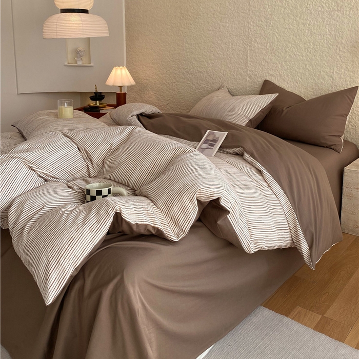 91家纺网 家纺一手货源 找家纺 琪格格纺织 2026新款纯棉色织肌理纹提花华夫格纯棉轻奢简约款四件套 A速写 提花棕条