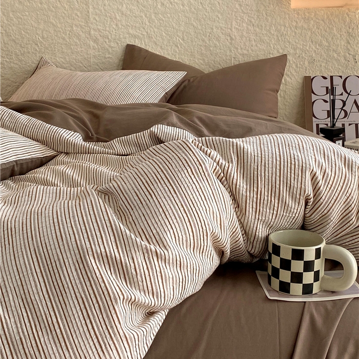 91家纺网 家纺一手货源 找家纺 琪格格纺织 2026新款纯棉色织肌理纹提花华夫格纯棉轻奢简约款四件套 A速写 提花棕条