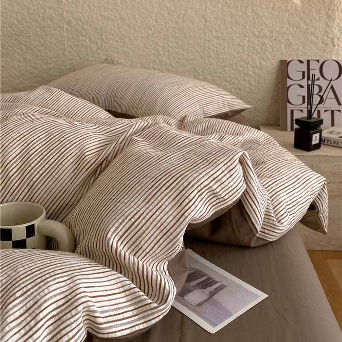 91家纺网 家纺一手货源 找家纺 琪格格纺织 2026新款纯棉色织肌理纹提花华夫格纯棉轻奢简约款四件套 A速写 提花棕条