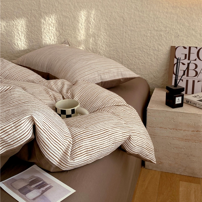 91家纺网 家纺一手货源 找家纺 琪格格纺织 2026新款纯棉色织肌理纹提花华夫格纯棉轻奢简约款四件套 A速写 提花棕条