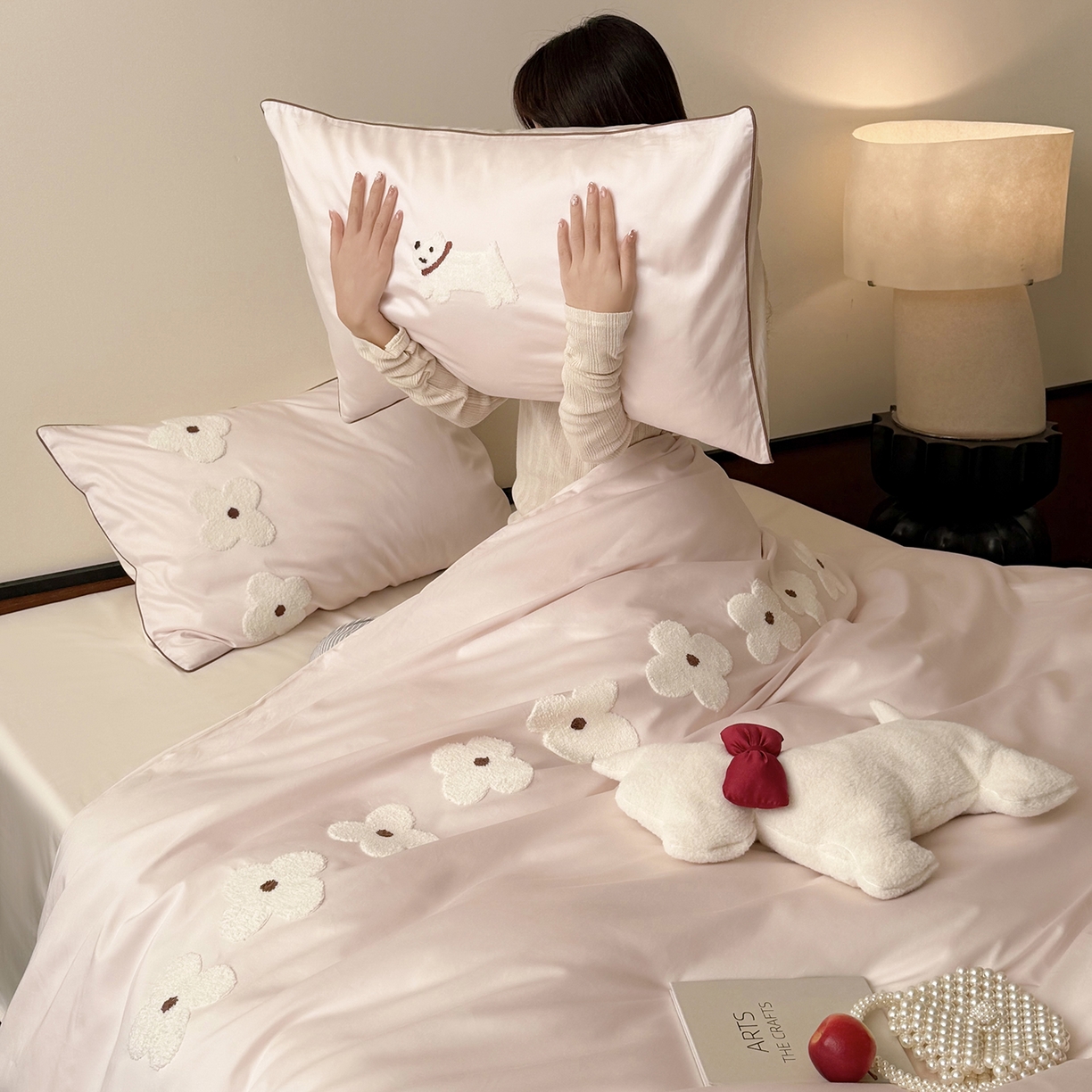 鹿班家居 2026春季新品100S长绒棉毛巾绣系列四件套-小狗绮梦（标准会员-20元） 小狗绮梦-粉白