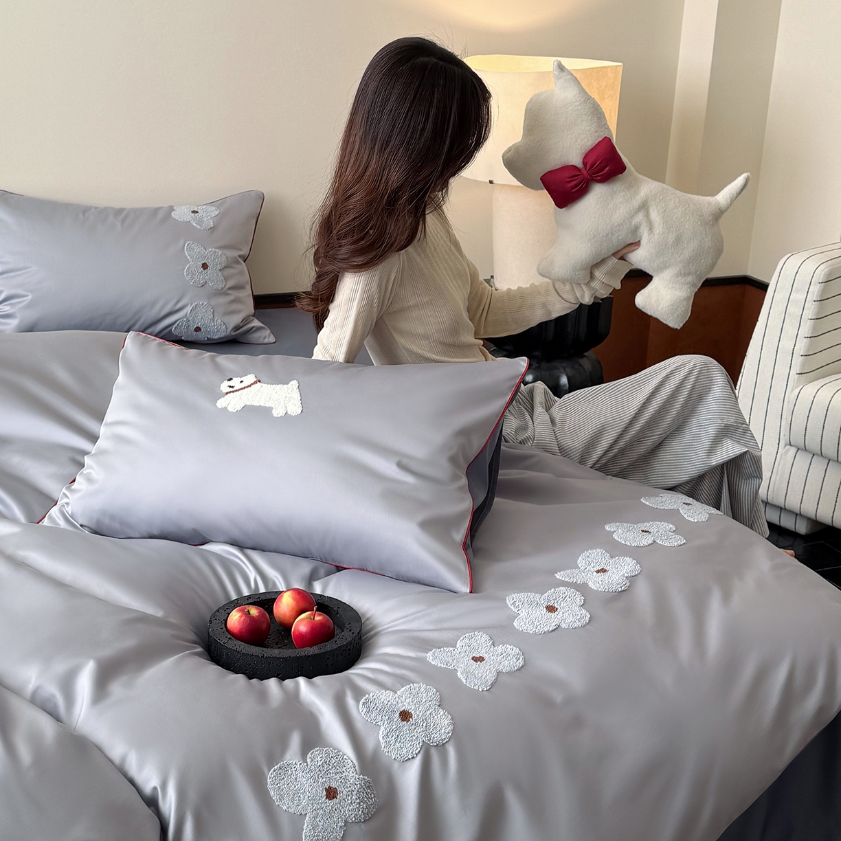 鹿班家居 2026春季新品100S长绒棉毛巾绣系列四件套-小狗绮梦（标准会员-20元） 小狗绮梦-灰蓝